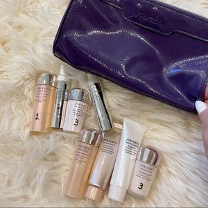Shiseido travel skincare items with makeup pouch